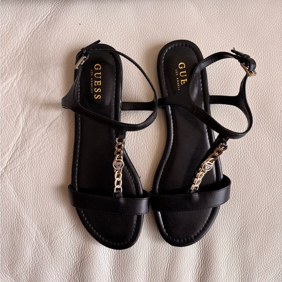 Brand New | Guess Black Strappy Sandals with Gold Chainlink Logo - Picture 1 of 5